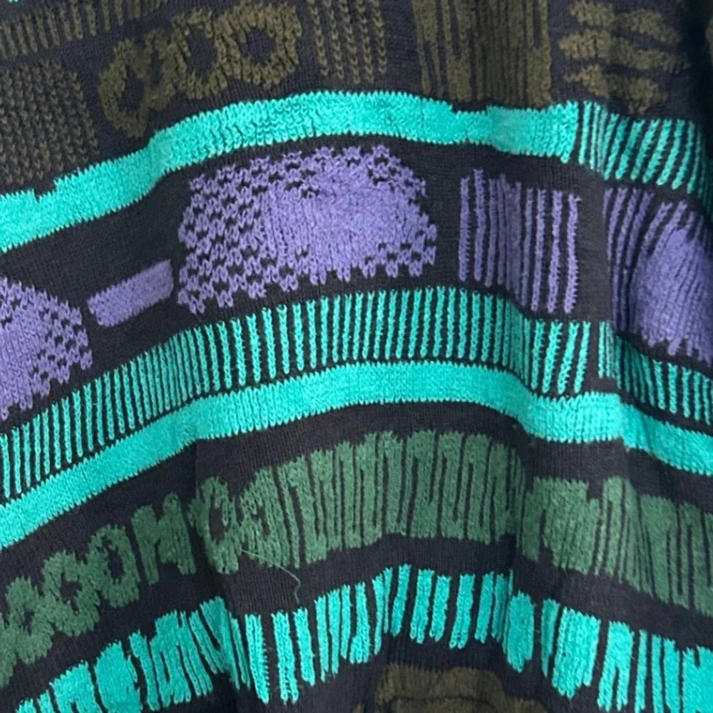 Generra Mens Geometric Print Sweater Black Teal Purple Cotton Ramie Size Small